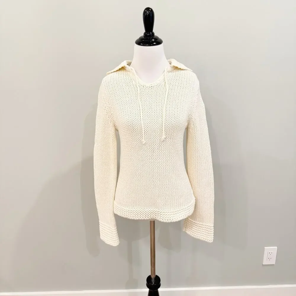 Vintage Y2K GAP Ivory Cotton Fisherman Sweater M Hooded Cable Knit Bell Sleeve